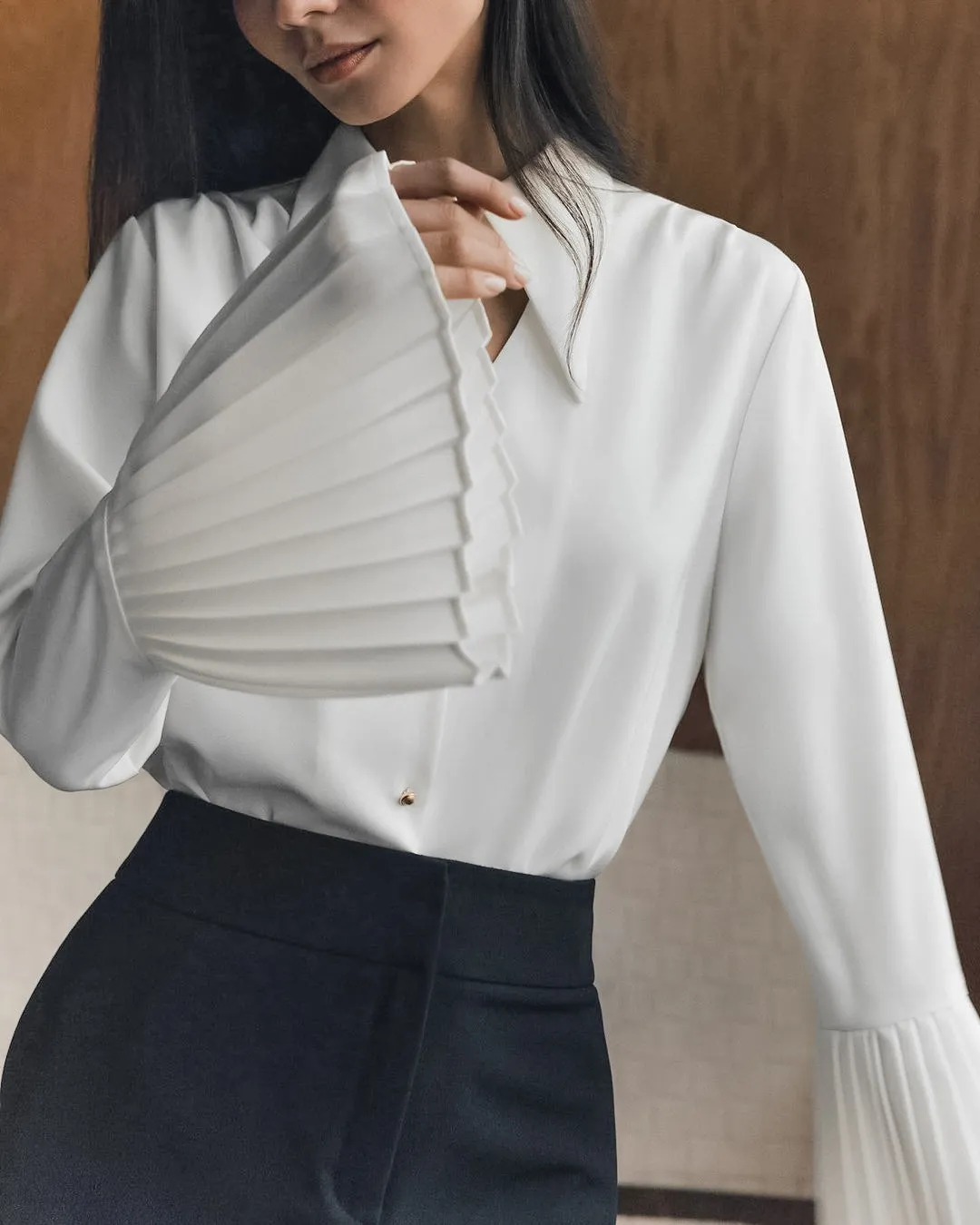 Chic Turndown Collar Pleated Sleeve Hollow Chiffon Shirt