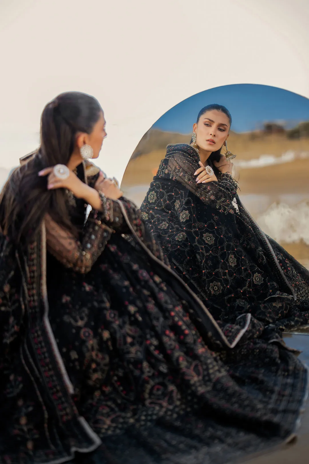 Classic Black Floral Maxi Frock Pakistani Wedding Dress with floral Dupatta