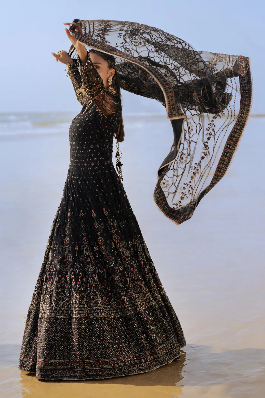 Classic Black Floral Maxi Frock Pakistani Wedding Dress with floral Dupatta