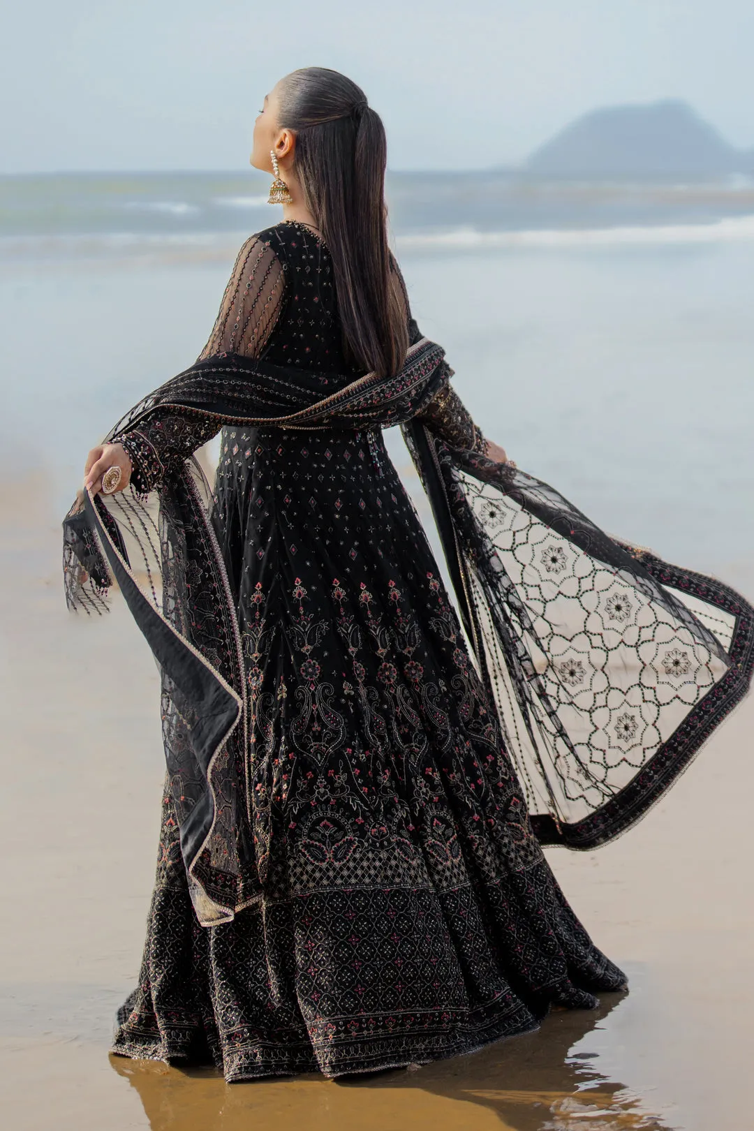 Classic Black Floral Maxi Frock Pakistani Wedding Dress with floral Dupatta