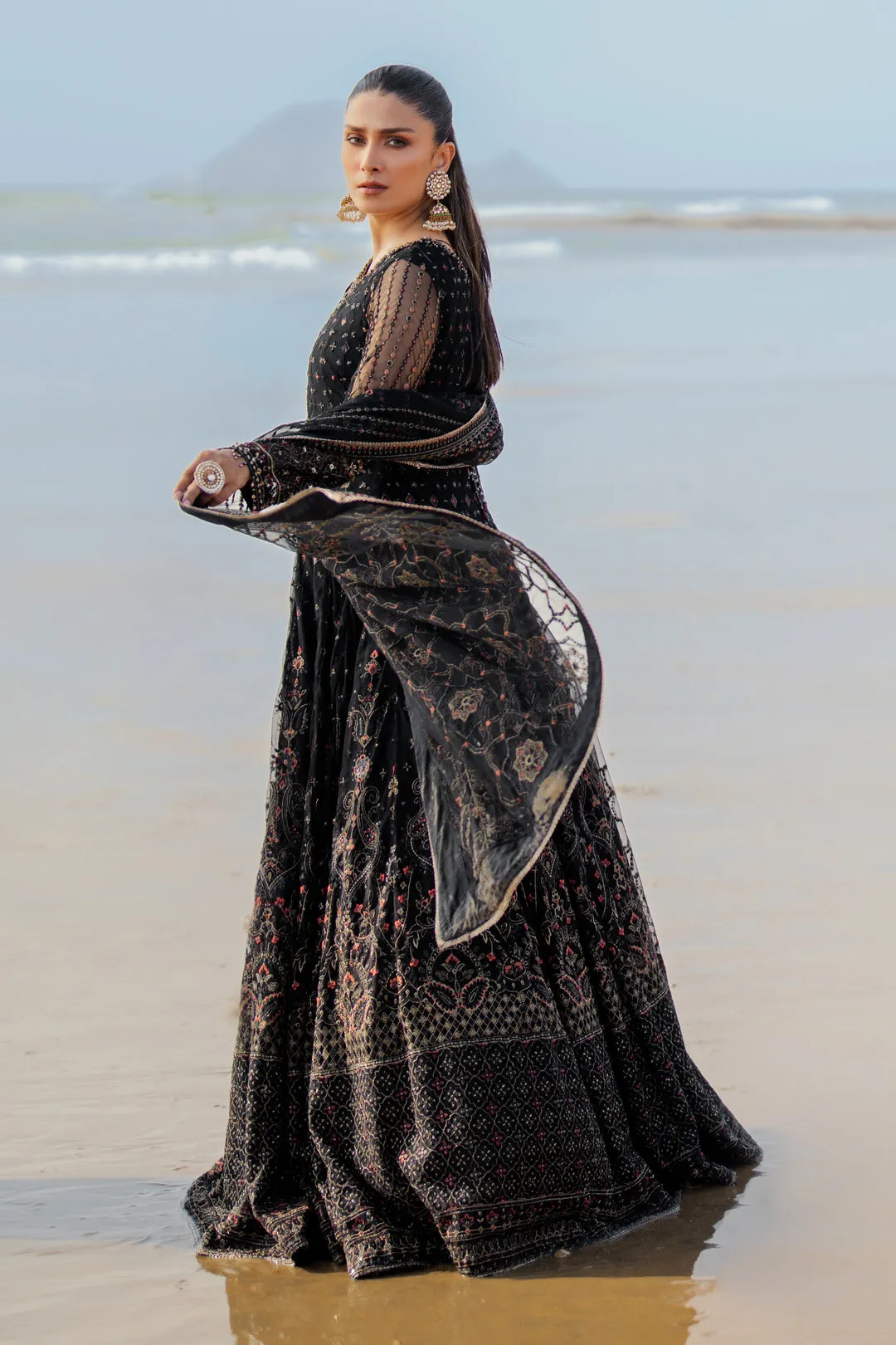 Classic Black Floral Maxi Frock Pakistani Wedding Dress with floral Dupatta