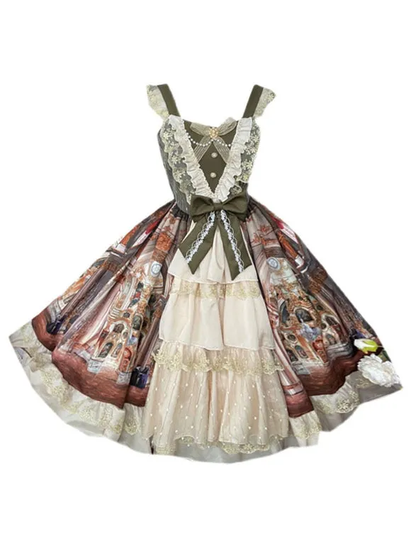 Classic Lolita JSK Dress Green Long Sleeve Ruffles Lace Bows Lolita One Jumper Skirt