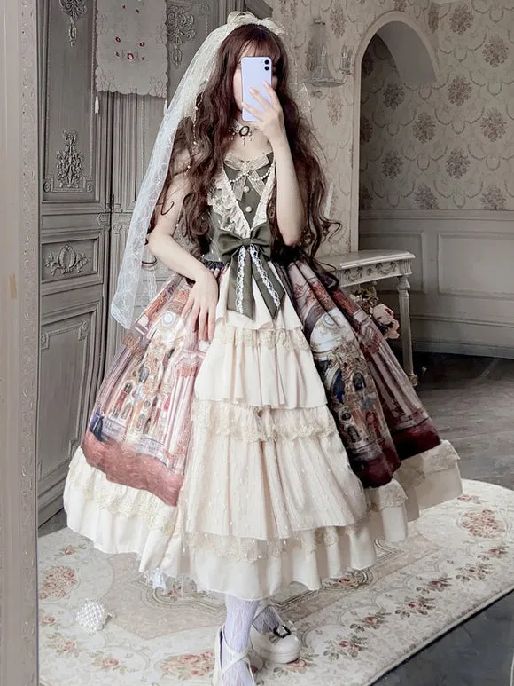 Classic Lolita JSK Dress Green Long Sleeve Ruffles Lace Bows Lolita One Jumper Skirt