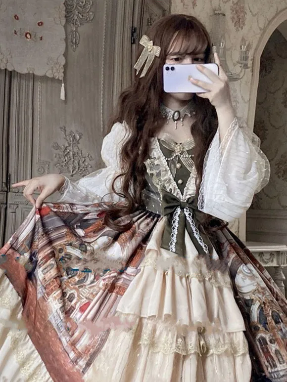 Classic Lolita JSK Dress Green Long Sleeve Ruffles Lace Bows Lolita One Jumper Skirt