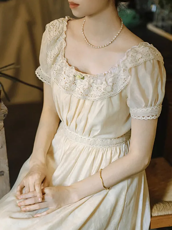 Classical Lolita Dress Polyester Lace Short Sleeves Lolita Dresses Classic Ecru White