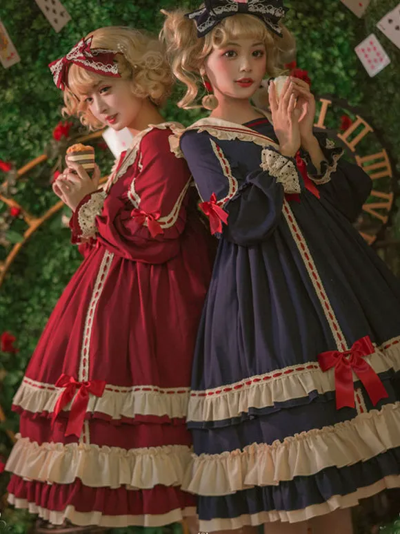 Classical Lolita Dress Polyester Long Sleeves Lolita Dresses Classic Blue