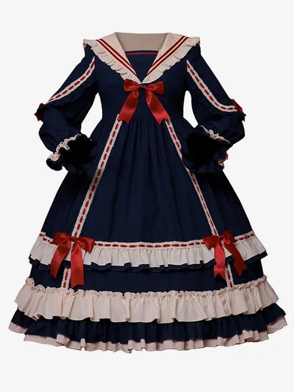 Classical Lolita Dress Polyester Long Sleeves Lolita Dresses Classic Blue