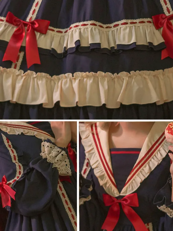 Classical Lolita Dress Polyester Long Sleeves Lolita Dresses Classic Blue