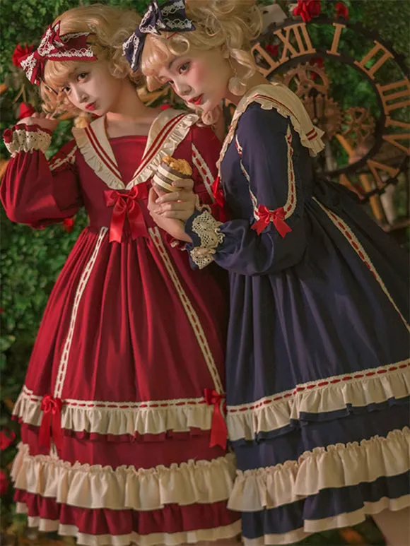 Classical Lolita Dress Polyester Long Sleeves Lolita Dresses Classic Blue
