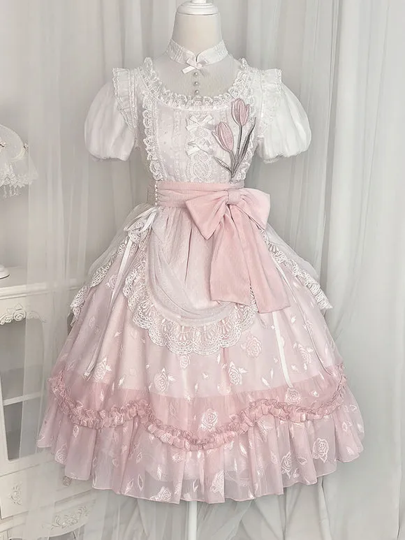 Classical Lolita Dress Polyester Short Sleeves Lolita Dresses Floral Print Classic Pink