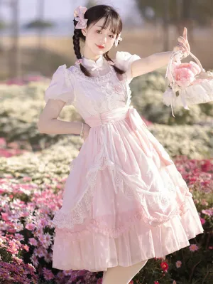 Classical Lolita Dress Polyester Short Sleeves Lolita Dresses Floral Print Classic Pink
