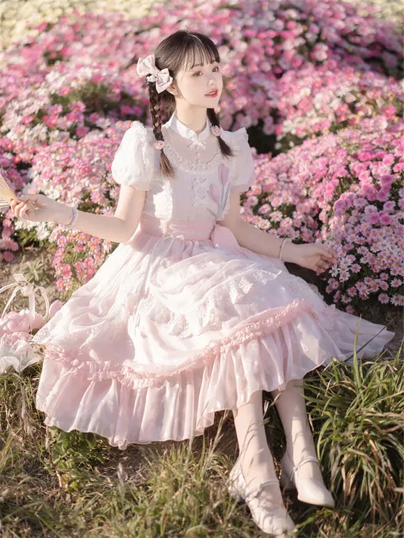 Classical Lolita Dress Polyester Short Sleeves Lolita Dresses Floral Print Classic Pink