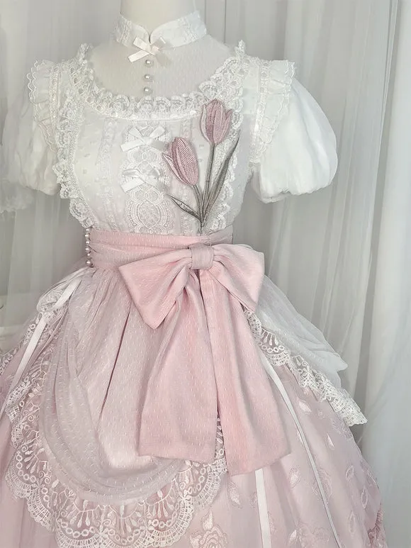 Classical Lolita Dress Polyester Short Sleeves Lolita Dresses Floral Print Classic Pink