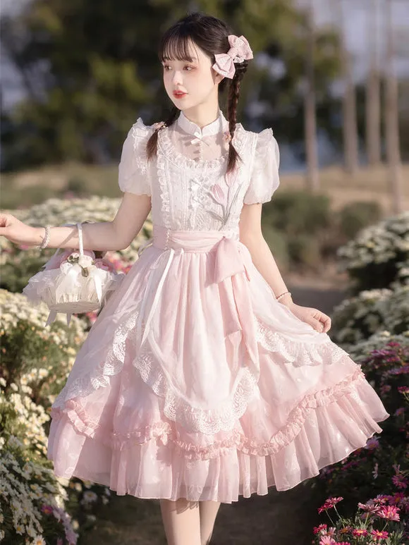Classical Lolita Dress Polyester Short Sleeves Lolita Dresses Floral Print Classic Pink
