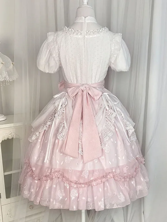 Classical Lolita Dress Polyester Short Sleeves Lolita Dresses Floral Print Classic Pink