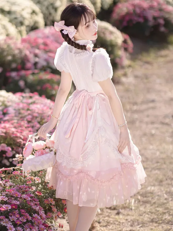 Classical Lolita Dress Polyester Short Sleeves Lolita Dresses Floral Print Classic Pink