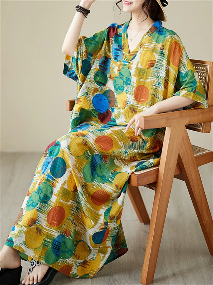 Colorful Dots Printed Women's Loose V-Neck Beach Dresses