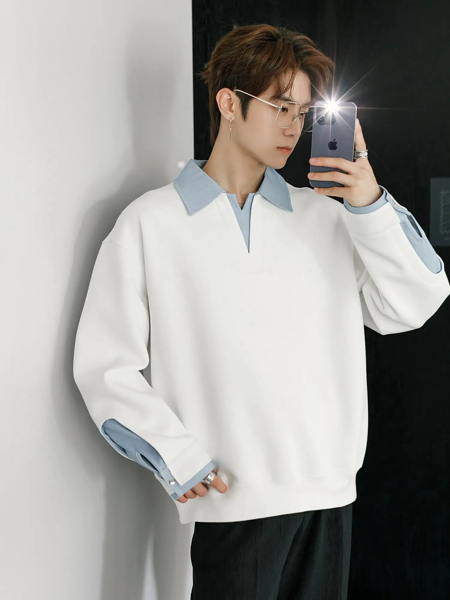 Contrast Color Lapel Sweatshirt