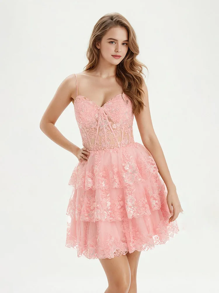 Coral See-through Sweetheart Layers Homecoming Dresses