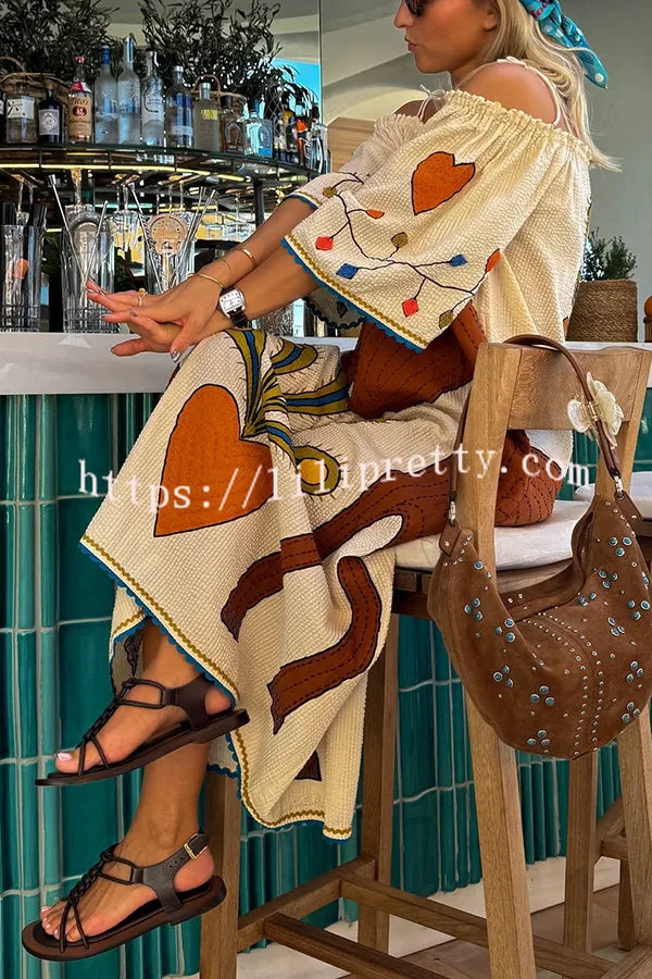 Cowboy Vibe Unique Print Off-shoulder Sleeves H-line Midi Dress