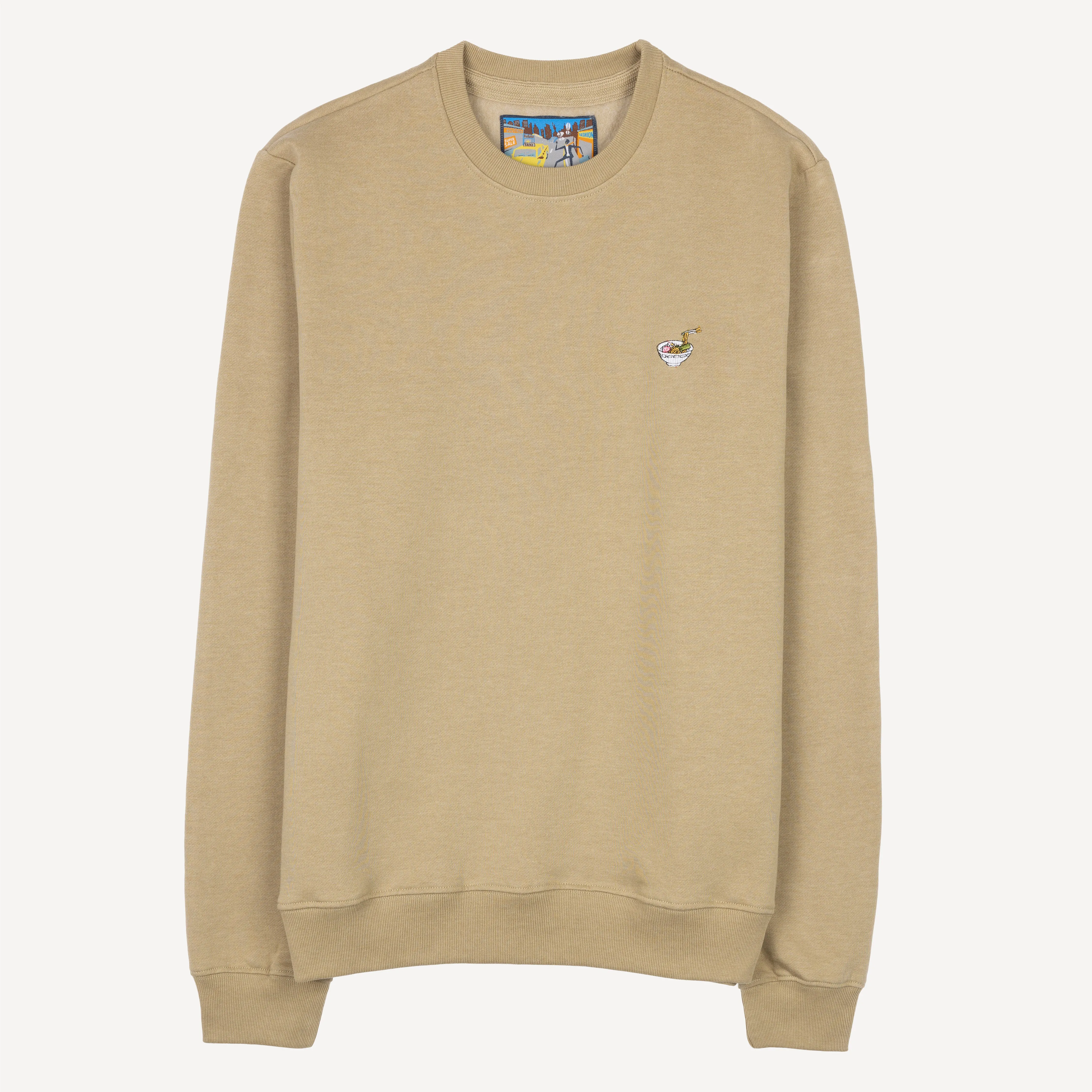Crewneck Pullover Sweatshirt with Embroidered Icon - Twill / Udon Noodle