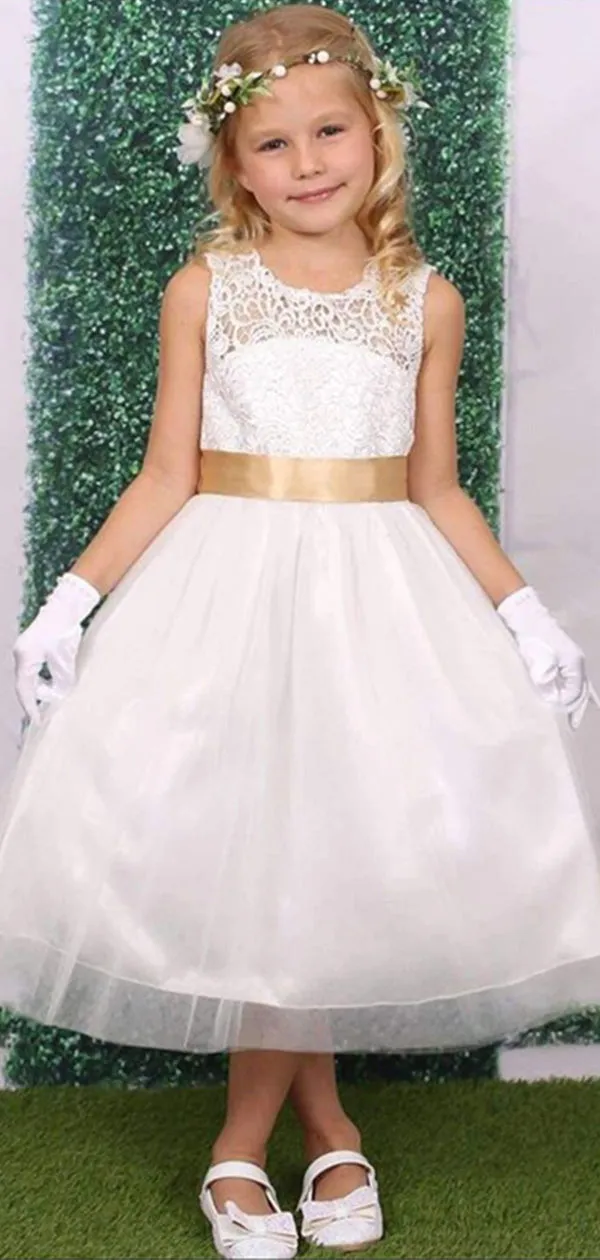 Cute White Lace Tulle A- Line Cheap Long Flower Girl Dresses, FGS0032