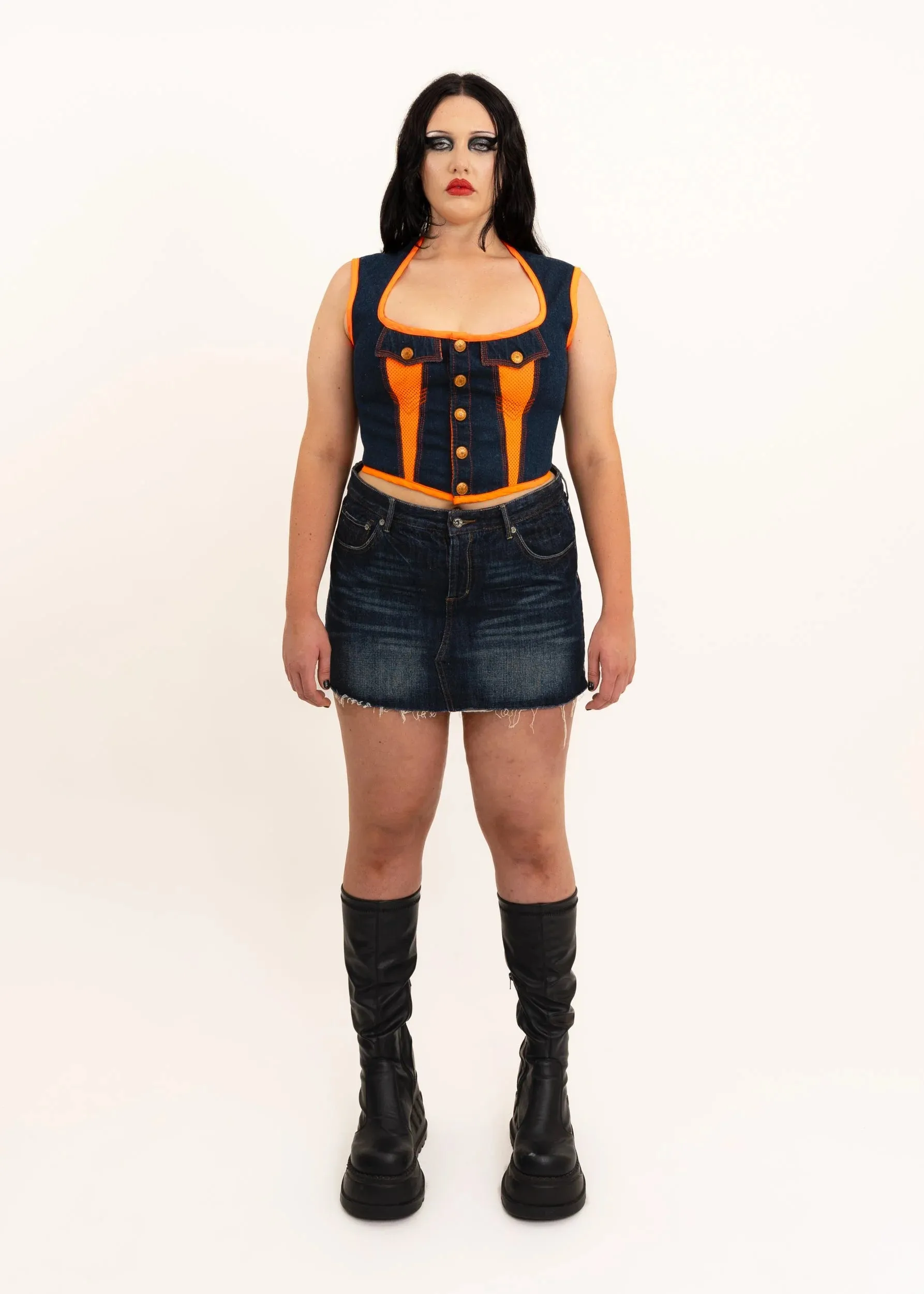 Dark wash denim mini skirt