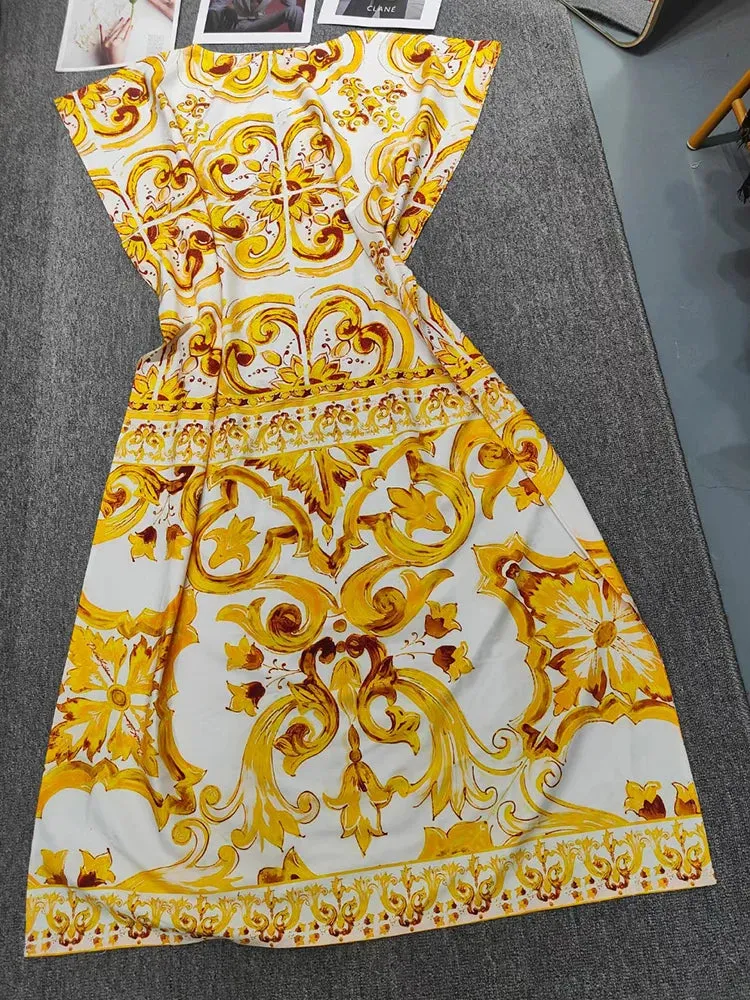 Designer Retro Geometric Print Batsleeve Loose Dress