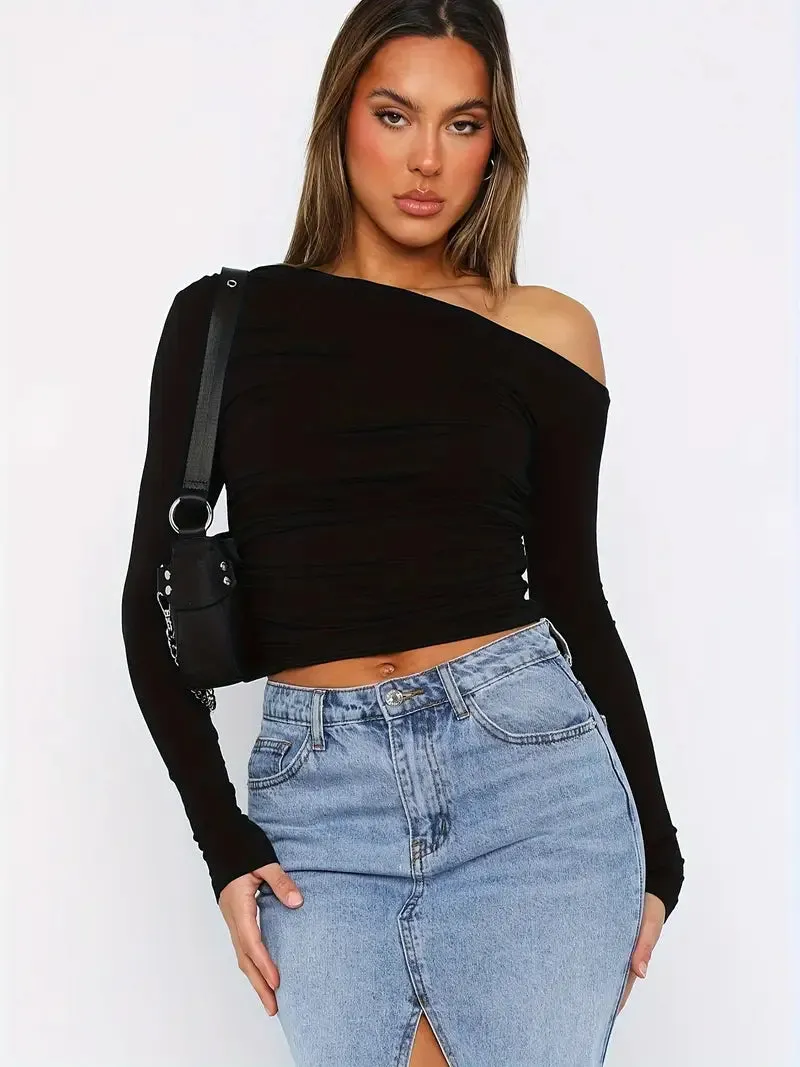 Effortless Style Long Sleeve One-shoulder Top