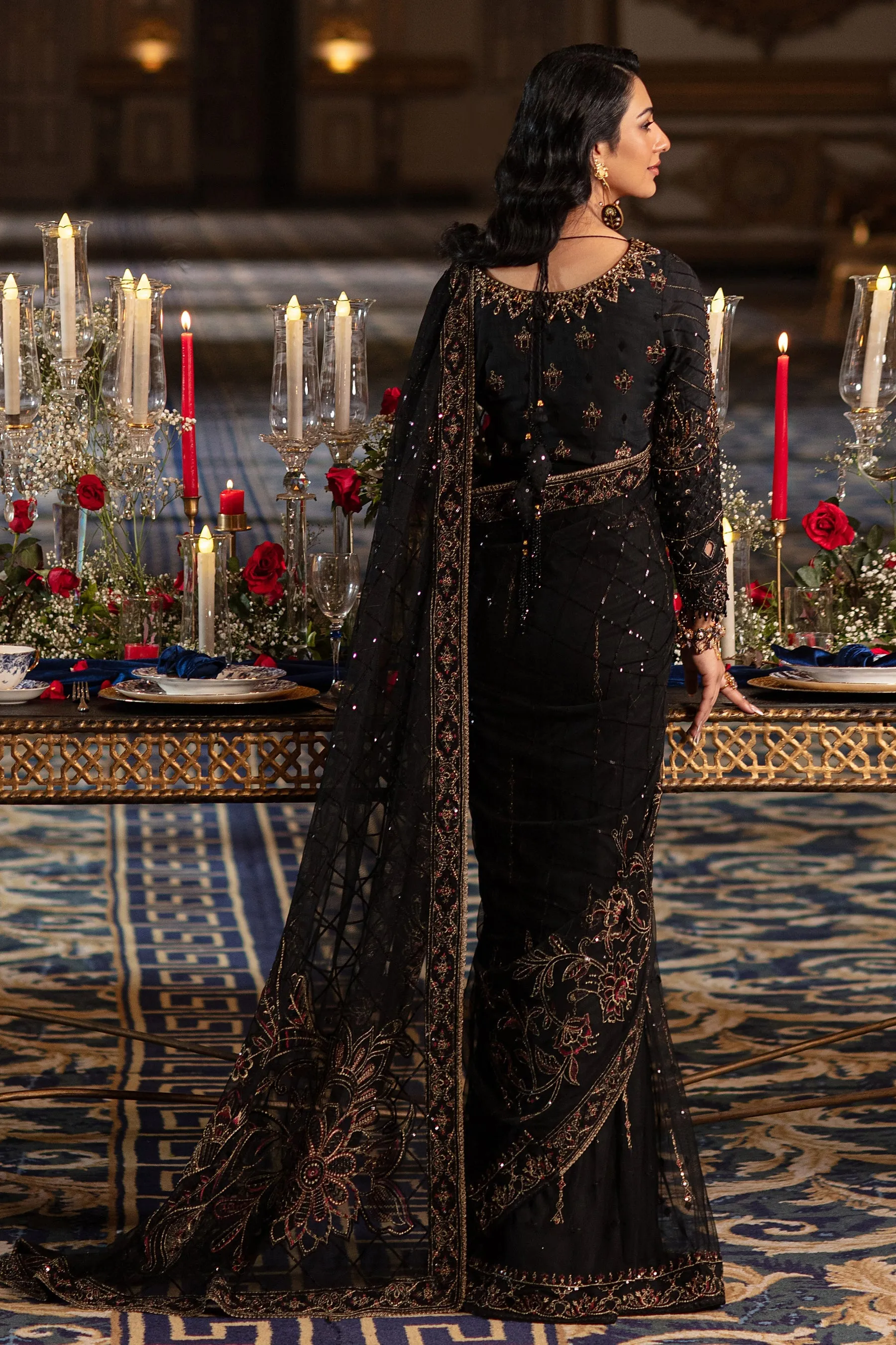 Elegant Pakistani Wedding Dress in Classic Black Shade Net Saree
