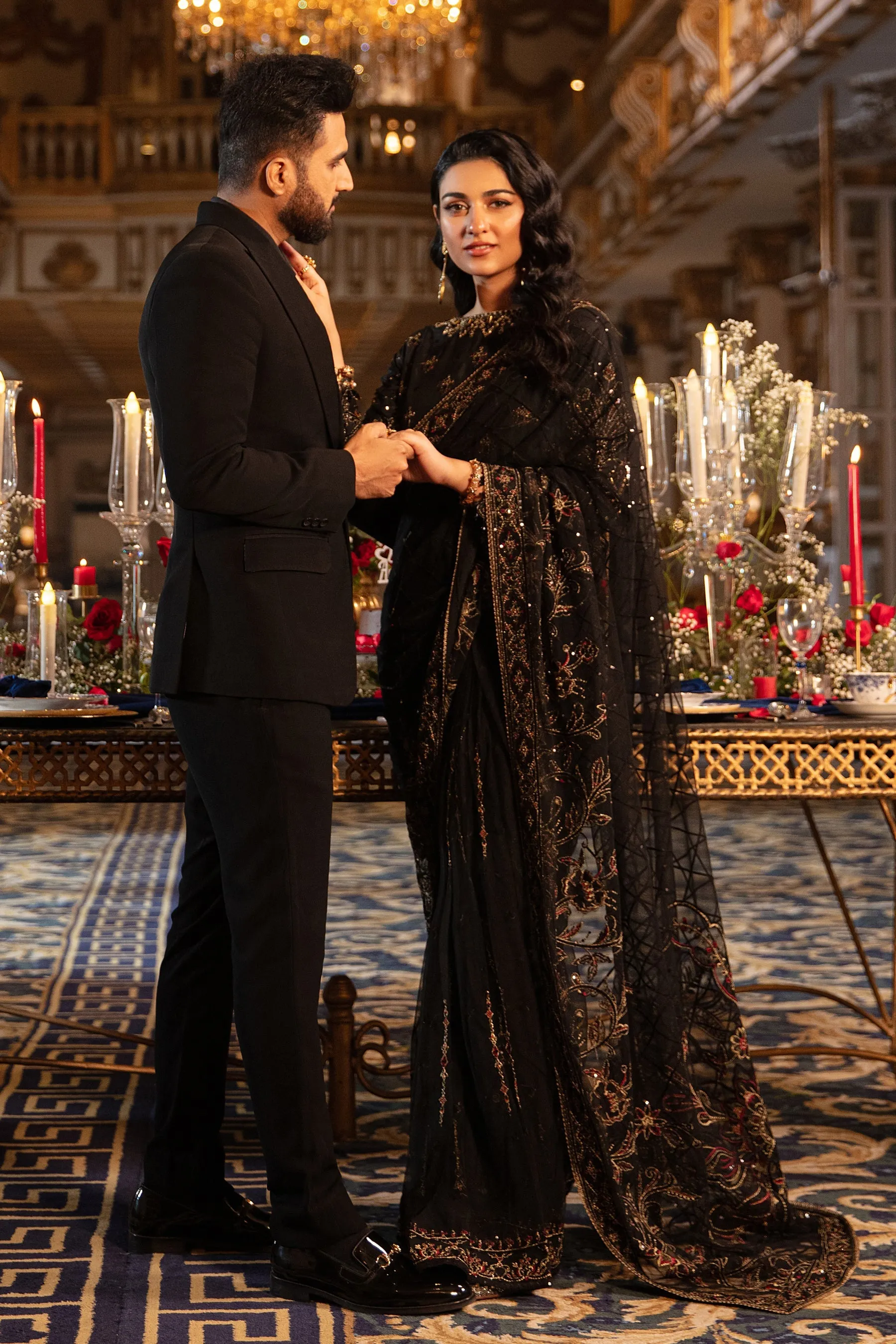 Elegant Pakistani Wedding Dress in Classic Black Shade Net Saree