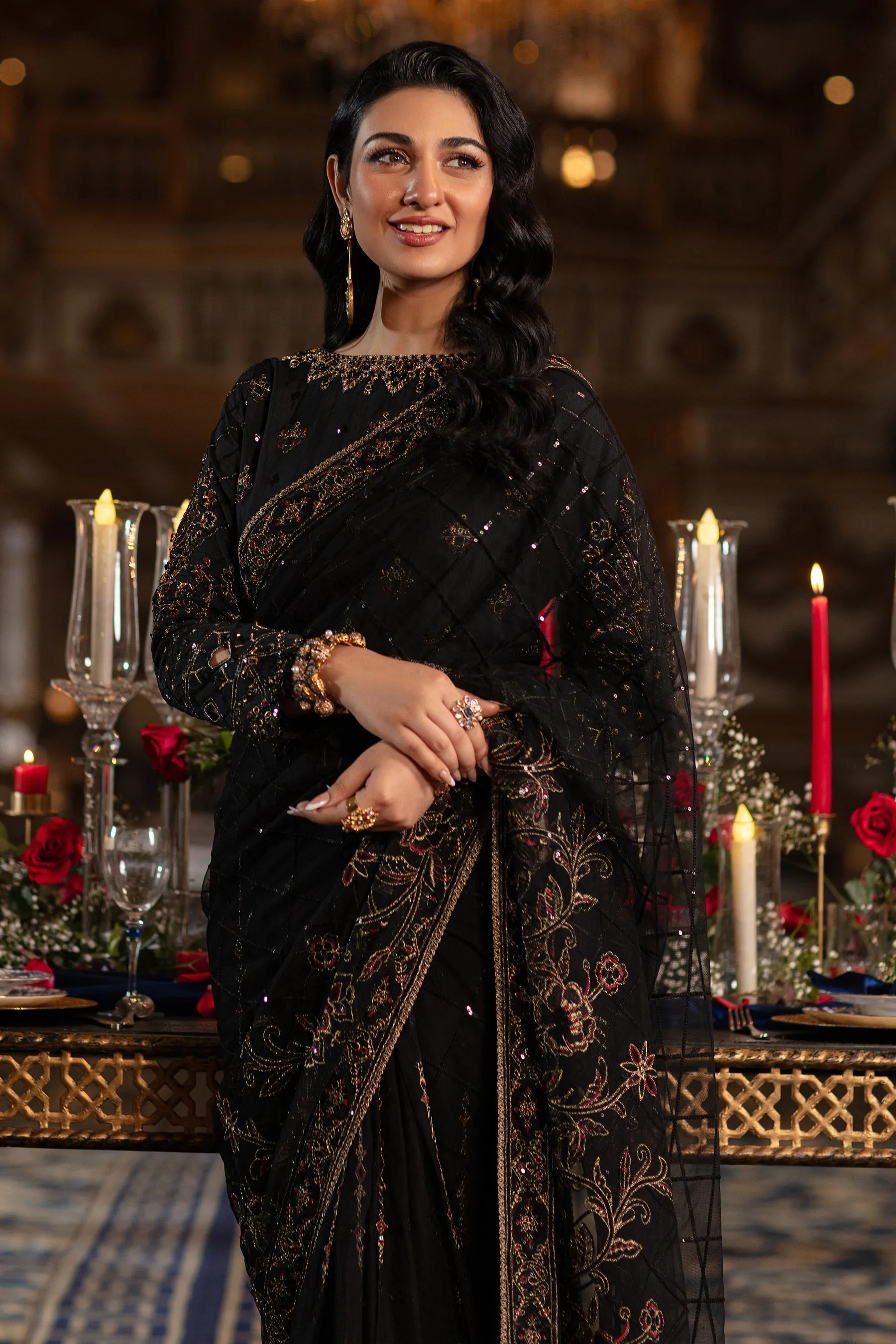 Elegant Pakistani Wedding Dress in Classic Black Shade Net Saree