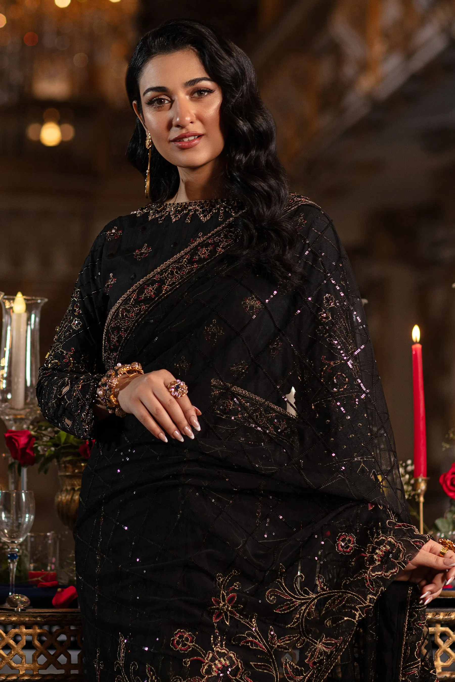 Elegant Pakistani Wedding Dress in Classic Black Shade Net Saree