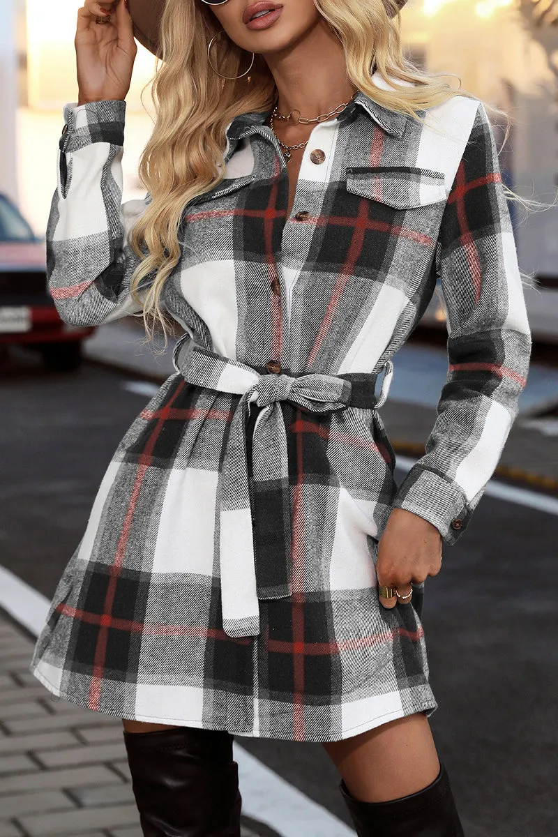 Elegant Plaid Patchwork Turndown Collar A Line Dresses