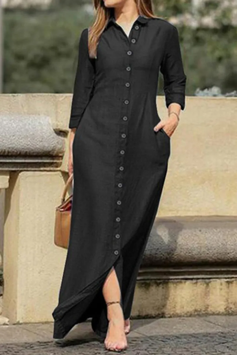 Elegant Solid Buckle Solid Color Turndown Collar Long Sleeve Loose Denim Dresses