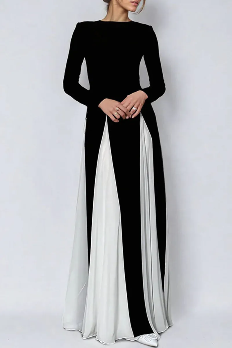 Elegant Solid Color Contrast O Neck Long Dresses