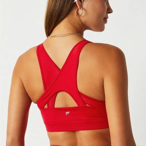 Fabletics Mesh Breathable Medium Impact Sports Bra In Heated Red Size Medium