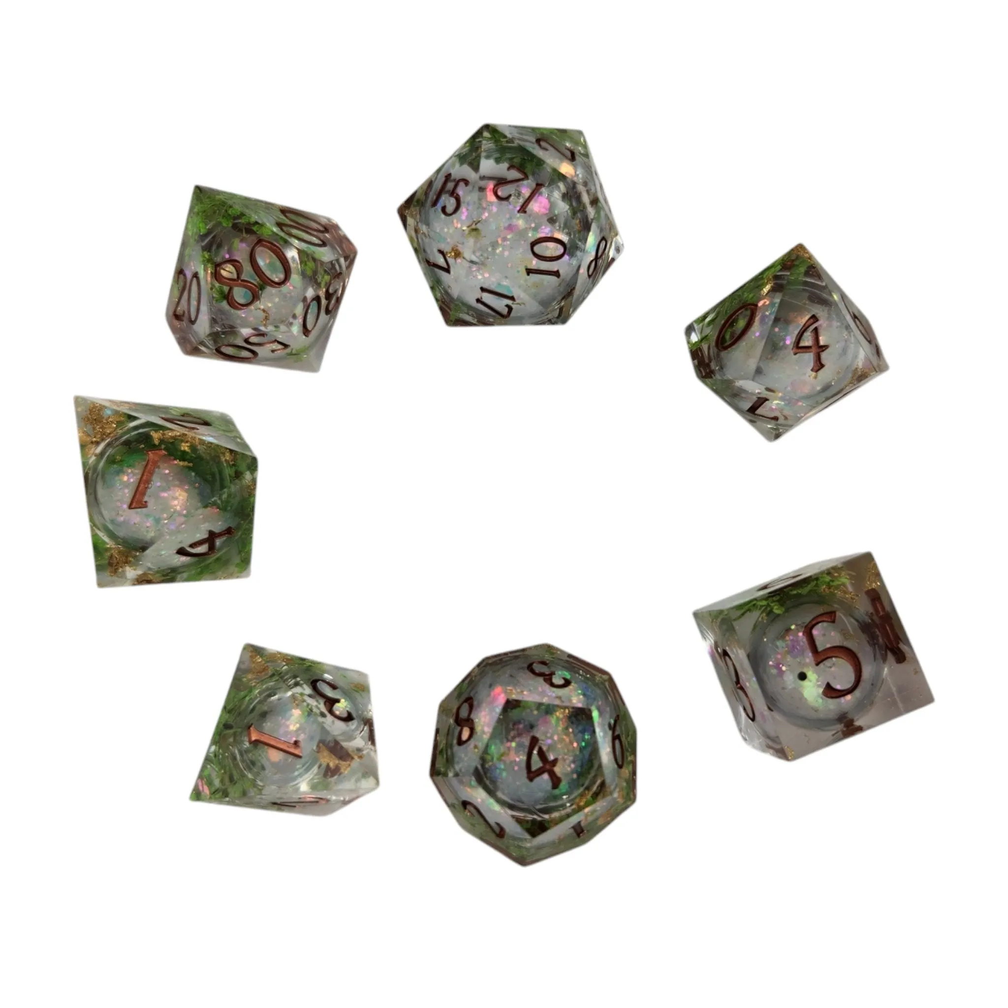 Fairy Garden sharp edge resin dice/ sand and glitter liquid core