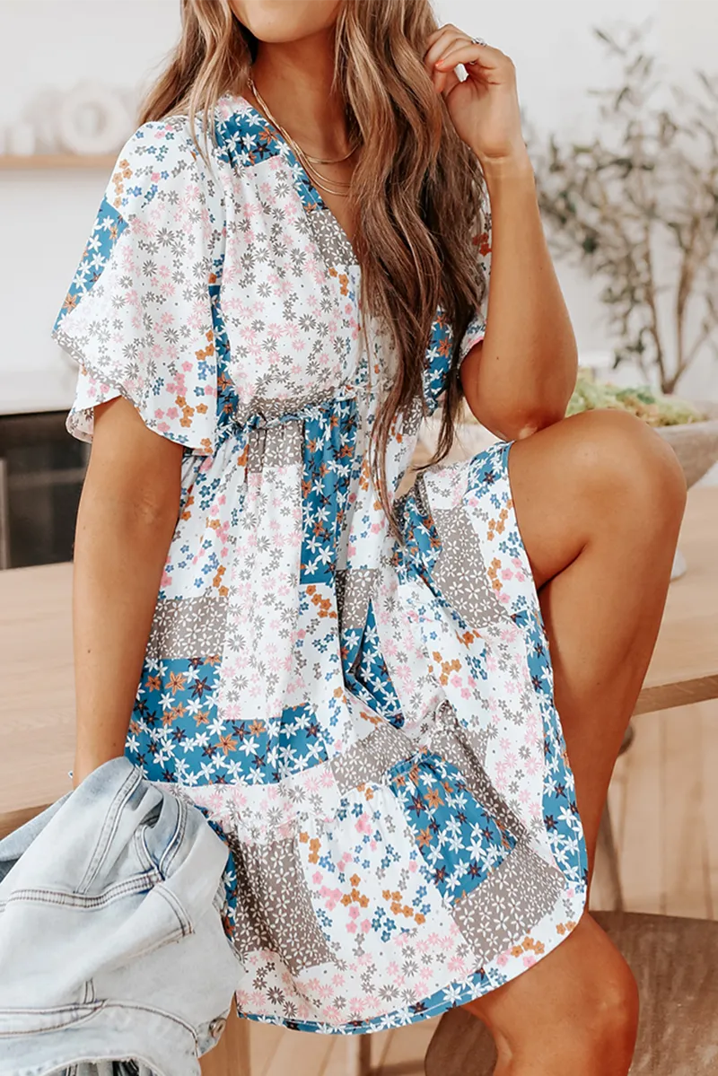 Fashion Print Split Joint V Neck Waist Skirt Dresses