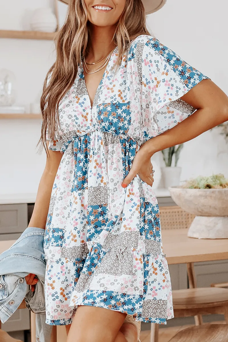 Fashion Print Split Joint V Neck Waist Skirt Dresses