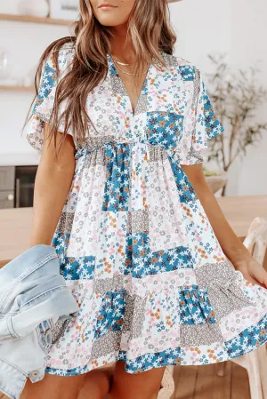 Fashion Print Split Joint V Neck Waist Skirt Dresses