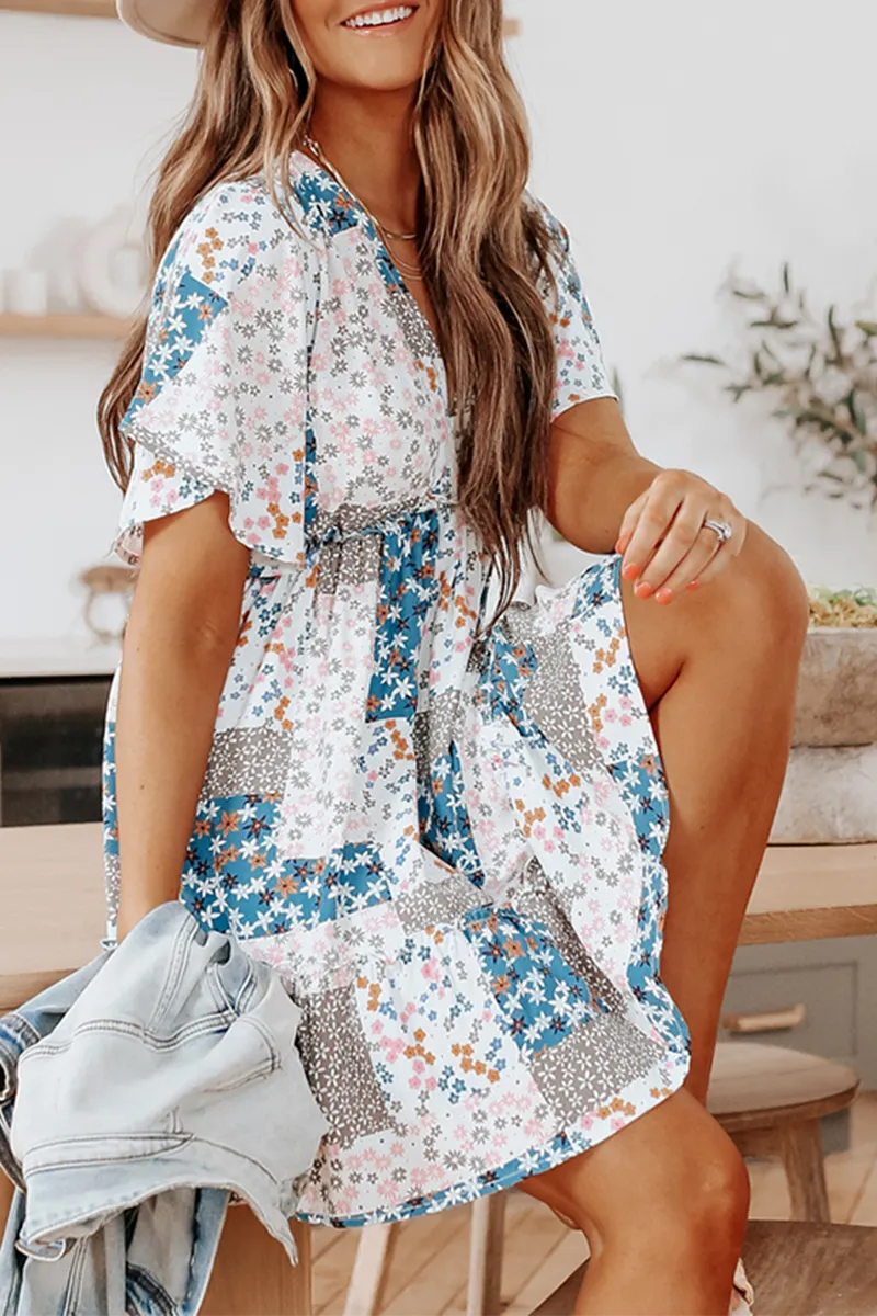 Fashion Print Split Joint V Neck Waist Skirt Dresses
