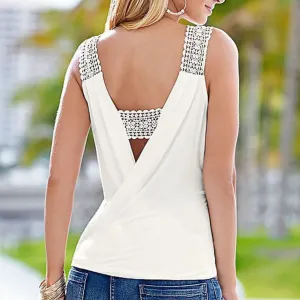 Fashion Women Ladies Sleeveless Tank Tops Lace Crochet Strap Vest Solid White Backless Deep V Neck crop tops Y2