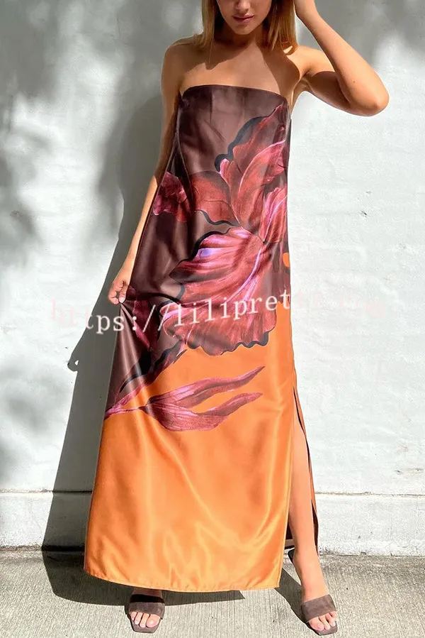 Floral Print Sexy Elastic Bandeau Slit Midi Dress