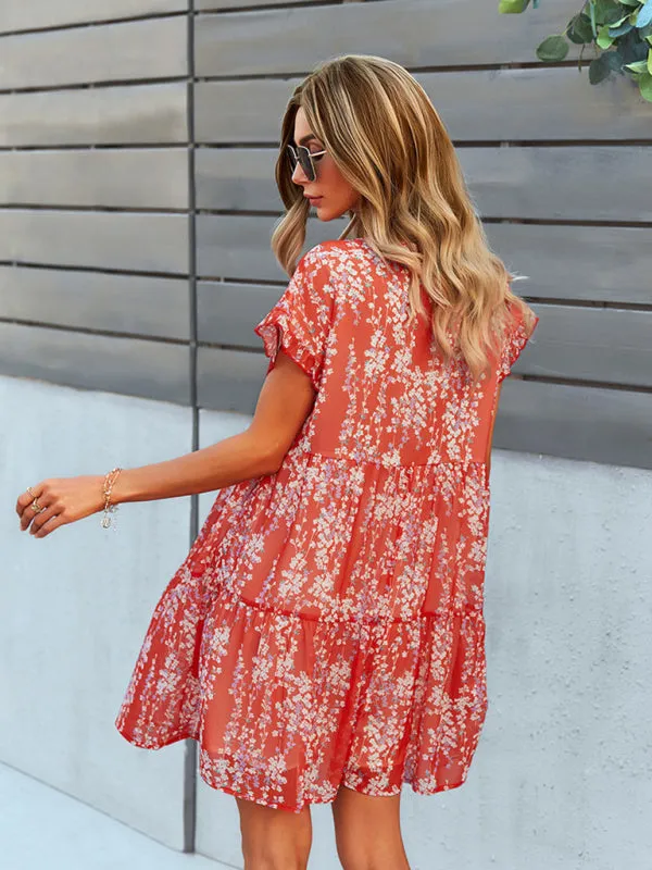 Floral Print V-Neck Chiffon Dress with Tiered Short Sleeves