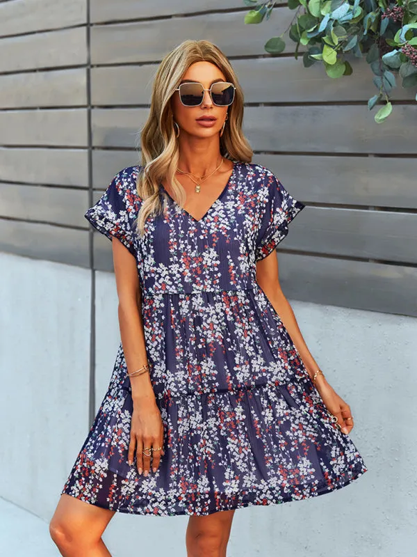 Floral Print V-Neck Chiffon Dress with Tiered Short Sleeves