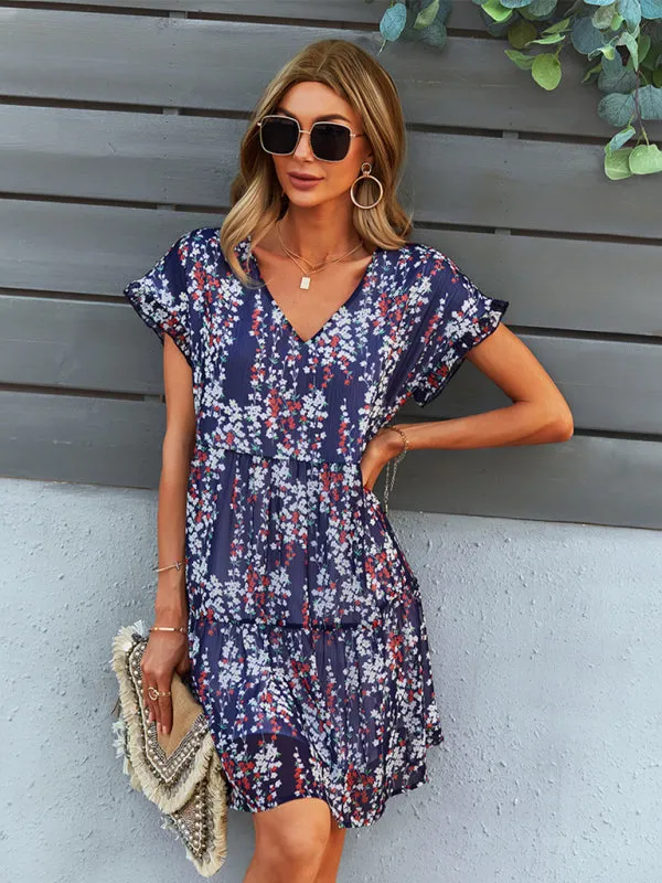 Floral Print V-Neck Chiffon Dress with Tiered Short Sleeves