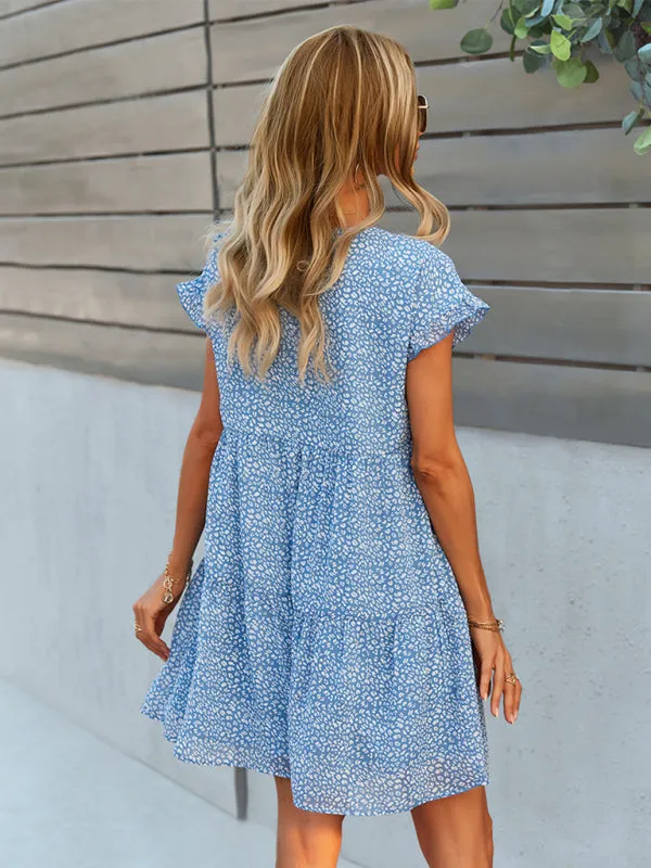 Floral Print V-Neck Chiffon Dress with Tiered Short Sleeves