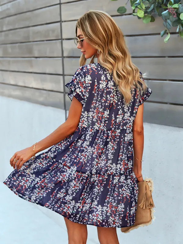 Floral Print V-Neck Chiffon Dress with Tiered Short Sleeves
