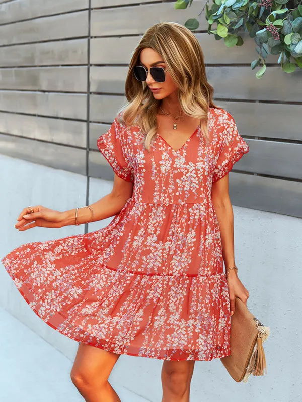 Floral Print V-Neck Chiffon Dress with Tiered Short Sleeves